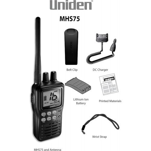  Uniden MHS75 Waterproof Handheld 2-Way VHF Marine radio, Submersible, Selectable 12.55 Watt Transmit Power. All USAInternational and Canadian Marine Channels - Color Black