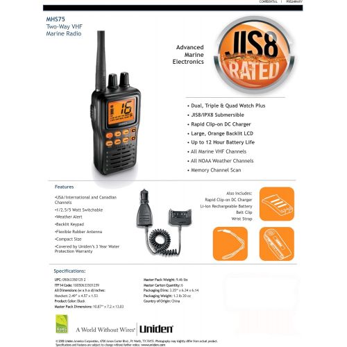  Uniden MHS75 Waterproof Handheld 2-Way VHF Marine radio, Submersible, Selectable 12.55 Watt Transmit Power. All USAInternational and Canadian Marine Channels - Color Black