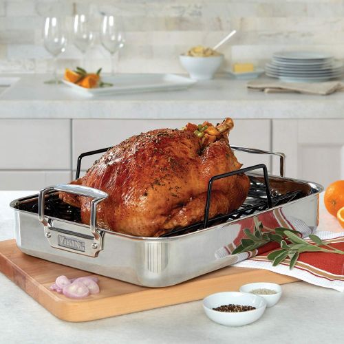  Viking Culinary 4013-5016 3-Ply Stainless Steel Roasting Pan with Nonstick Rack, 16 Inch x 13 Inch, Silver