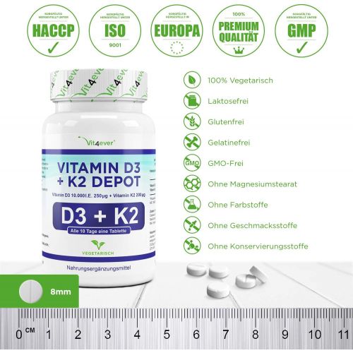  [아마존 핫딜] [아마존핫딜]Vit4ever Vitamin D3 10.000 I.E + Vitamin K2 200 mcg Menaquinon MK7 Depot - 180 Tabletten - 99% All-Trans - Laborgeprueft - Alle 10 Tage eine Tablette - Vegetarisch - Premium Qualit