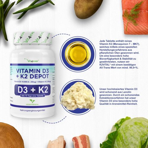  [아마존 핫딜] [아마존핫딜]Vit4ever Vitamin D3 10.000 I.E + Vitamin K2 200 mcg Menaquinon MK7 Depot - 180 Tabletten - 99% All-Trans - Laborgeprueft - Alle 10 Tage eine Tablette - Vegetarisch - Premium Qualit