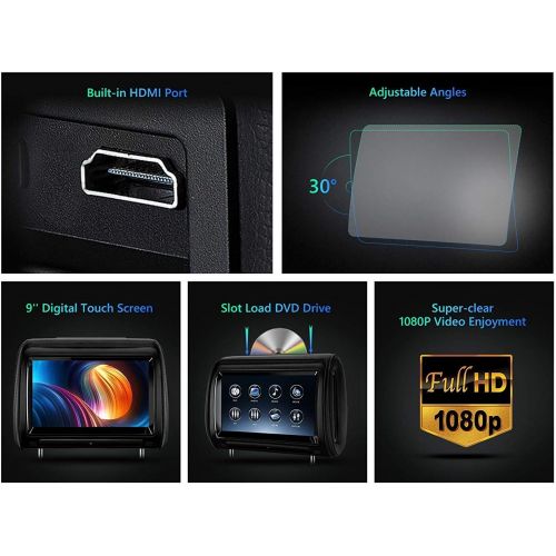  [아마존베스트]XTRONS 2 x 9 Inch Pair Car Headrest DVD Player HD Digital Adjustable Touch Screen 1080P Video Auto Games HDMI Version Black IR Headphones