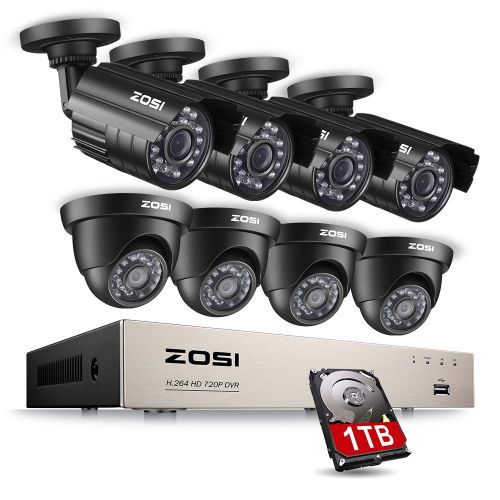  ZOSI 8CH HD 720P Video Security System 4 in 1 DVR with (4) HD 1.0MP Weatherproof Bullet Cameras and (4) 1280TVL Dome Cameras, Outdoor Indoor Surveillance Camera System, 1TB Hard Dr