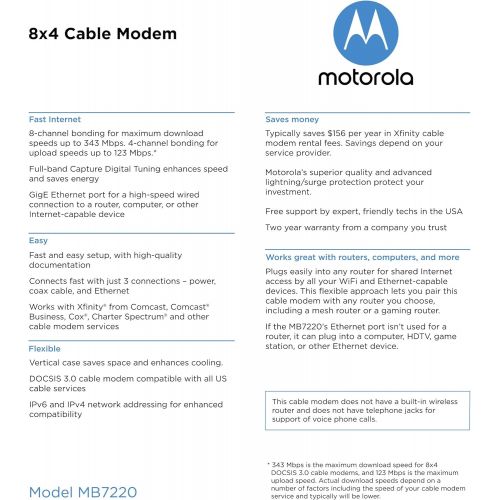 모토로라 [아마존베스트]Motorola MOTOROLA 8x4 Cable Modem, Model MB7220, 343 Mbps DOCSIS 3.0, Certified by Comcast XFINITY, Time Warner Cable, Cox, BrightHouse, and More (No Wireless)