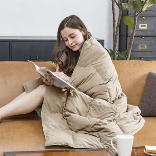  Puredown puredown Natural Down Packable Throw Sport Blanket for Indoor Home and Outdoor use Peach Skin Fabric for Downproof Khaki 50 70