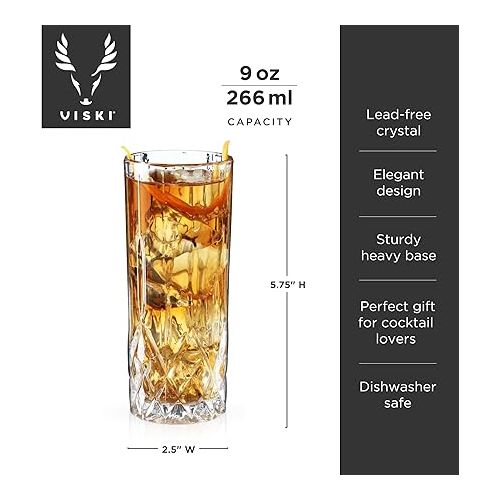  Viski Admiral Crystal Highball Glasses - Fancy Tall Drinking Glass for Water and Cocktails, Bulk Glassware Gift Set of 2, 9 Oz
