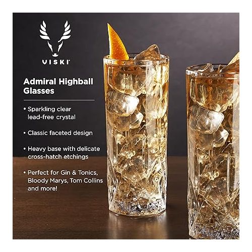  Viski Admiral Crystal Highball Glasses - Fancy Tall Drinking Glass for Water and Cocktails, Bulk Glassware Gift Set of 2, 9 Oz
