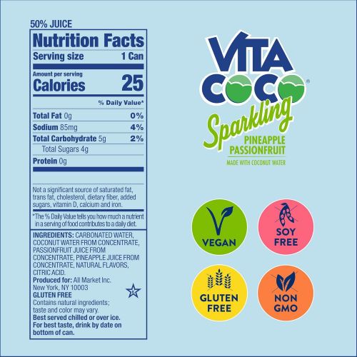  [아마존 핫딜] [아마존핫딜]Vita Coco Sparkling Coconut Water, Pineapple Passionfruit, Low Calorie Naturally Hydrating Electrolyte Drink - Smart Alternative to Juice, Soda, and Seltzer, Gluten Free, 12 Fl Oz,