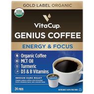 VitaCup Organic Genius Keto Coffee Pods, Increase Energy & Focus w/MCT Oil, Turmeric, B Vitamins, D3, Medium Dark Roast, Bold, Smooth, Single Serve Pod Compatible w/Keurig K-Cup Brewers, 24 Ct