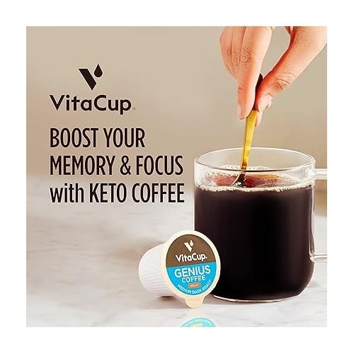  Decaf Genius Keto Coffee Pods with MCT Oil, Turmeric, and B Vitamins by VitaCup for Focus in Recyclable Single Serve Pod Compatible with K-Cup Brewers Including Keurig 2.0, 16 CT