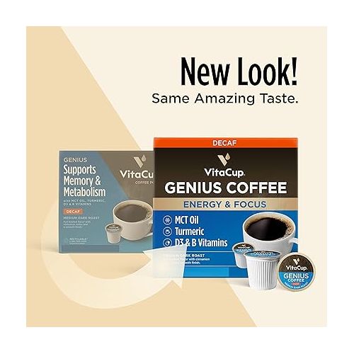  Decaf Genius Keto Coffee Pods with MCT Oil, Turmeric, and B Vitamins by VitaCup for Focus in Recyclable Single Serve Pod Compatible with K-Cup Brewers Including Keurig 2.0, 16 CT