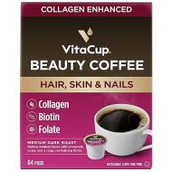 VitaCup Beauty Collagen Coffee Pods for Hair, Skin & Nails, with Biotin & Folate, Medium Dark Roast, Keto Friendly, Recyclable Single Serve Pod Compatible with Keurig K-Cup Brewers,64 Ct