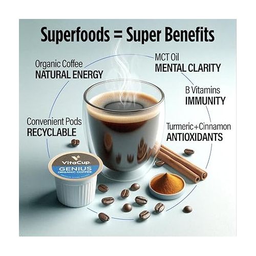  VitaCup Organic Genius Keto Coffee Pods, Increase Energy & Focus w/MCT Oil, Turmeric, B Vitamins, D3, Medium Dark Roast, Bold, Smooth, Single Serve Pod Compatible w/Keurig K-Cup Brewers,64 Ct