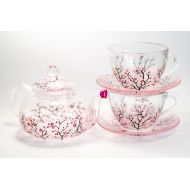 Vitraaze Tea Set Teapot with 2 Cups and Saucers Christmas Gift for Women Glass Spring Cherry Blossom Teapot Set Hand Blush pink