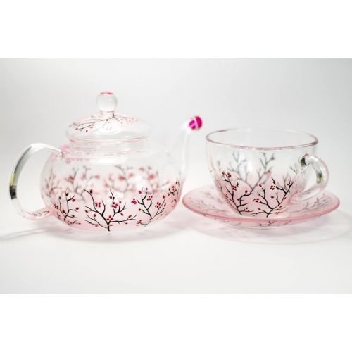  Vitraaze Tea Set Teapot with 2 Cups and Saucers Christmas Gift for Women Glass Spring Cherry Blossom Teapot Set Hand Blush pink