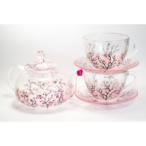  Vitraaze Tea Set Teapot with 2 Cups and Saucers Christmas Gift for Women Glass Spring Cherry Blossom Teapot Set Hand Blush pink