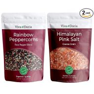 Viva Doria Rainbow Peppercorn Blend (Steam Sterilized Whole Black, White, Green and Pink Peppercorn) 12 oz and Himalayan Pink Salt (Coarse Grain) 2 lbs for Grinder Refills (Pepper+Salt)