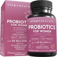 [아마존 핫딜] [아마존핫딜]Viva Naturals Probiotics for Women with 50 Billion CFU + 20 Strains, Complete Shelf-Stable Womens Probiotic Supplement with Prebiotic and Cranberry to Support Stomach, Digestive System & Vaginal