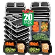 Vivaware [20 Pack] 3 Compartment Meal Prep Containers with Lids - Food Storage Bento Box - BPA Free - Stackable - Reusable Lunch Boxes - Microwave , Dishwasher , Freezer Safe - Por