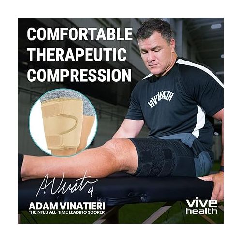  Vive Thigh Brace - Hamstring Quad Wrap - Adjustable Compression Sleeve Support for Pulled Groin Muscle, Sprains, Quadricep, Tendinitis, Workouts, Sciatica Pain and Sports Recovery - Men, Women (Beige)