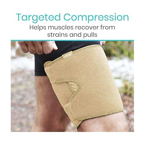  Vive Thigh Brace - Hamstring Quad Wrap - Adjustable Compression Sleeve Support for Pulled Groin Muscle, Sprains, Quadricep, Tendinitis, Workouts, Sciatica Pain and Sports Recovery - Men, Women (Beige)