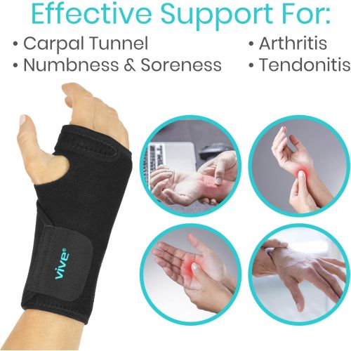  Vive Wrist Brace - Carpal Tunnel Hand Compression Support Wrap for Men, Women, Tendinitis, Bowling, Sports Injuries Pain Relief - Removable Splint - Universal Ergonomic Fit (Black,