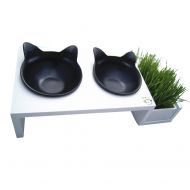 ViviPet Cat Dining Table - 15° Tilted Platform Pet Feeder_ Solid Pine Stand with Ceramic Bowls  Elevated Cat Feeder Raised Cat Bowl Mykonos Collection