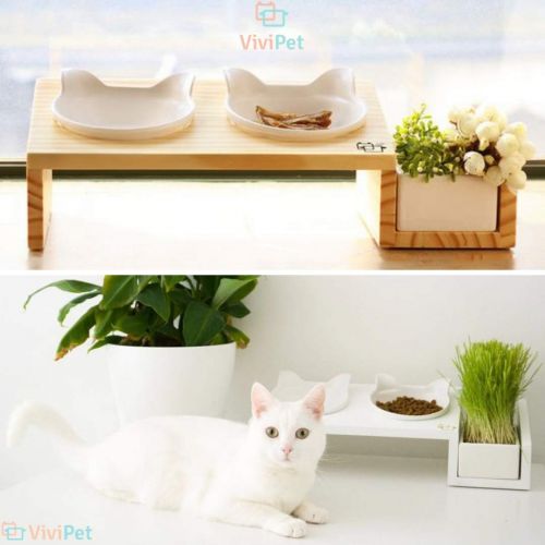  ViviPet Cat Dining Table - 15° Tilted Platform Pet Feeder_ Solid Pine Stand with Ceramic Bowls  Elevated Cat Feeder Raised Cat Bowl Mykonos Collection