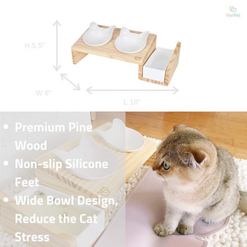  ViviPet Cat Dining Table - 15° Tilted Platform Pet Feeder_ Solid Pine Stand with Ceramic Bowls  Elevated Cat Feeder Raised Cat Bowl Mykonos Collection