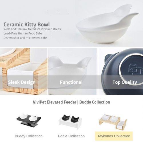  ViviPet Cat Dining Table - 15° Tilted Platform Pet Feeder_ Solid Pine Stand with Ceramic Bowls  Elevated Cat Feeder Raised Cat Bowl Mykonos Collection