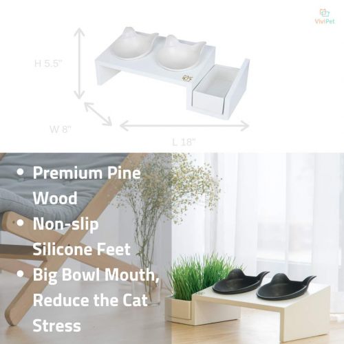  ViviPet Cat Dining Table - 15° Tilted Platform Pet Feeder_ Solid Pine Stand with Ceramic Bowls  Elevated Cat Feeder Raised Cat Bowl Mykonos Collection