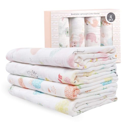  Viviland Baby Muslin Swaddle Blanket for Newborn Girls | 70% Bamboo 30% Cotton Receiving Blanket Swaddle Wrap with Gift Box | 4 Packs 47 X 47 inch Muslin Towel | Bunny, Pineapple,