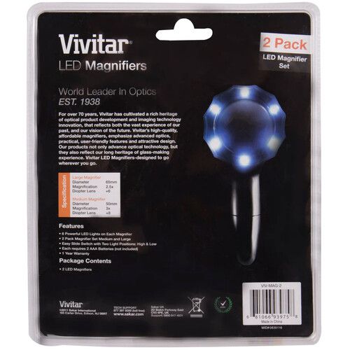  Vivitar 2.5x / 3x Magnifying Glass with 6 LED Lights (2-Pack)