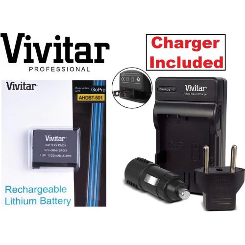  Lithium Ion AHDBT-501 Vivitar Battery & Rapid Charger for GoPro HD HERO5 Hero-5