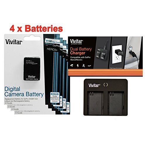  4 Pack of AHDBT-301 / AHDBT-302 Ultra High Capacity 1775mAH Li-ion Batteries for GoPro HD HERO3, GoPro HD HERO3+ (VIV-GP-HERO3+) + Vivitar Dual Battery Charger (MPN: VIV-QC-8162)