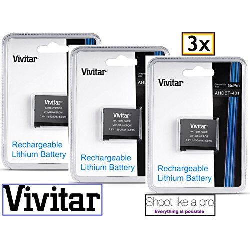  - Vivitar 3-Pcs Hi Capacity AHDBT-401 Battery for GoPro HD HERO4 Black/Silver