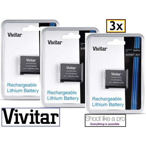  - Vivitar 3-Pcs Hi Capacity AHDBT-401 Battery for GoPro HD HERO4 Black/Silver