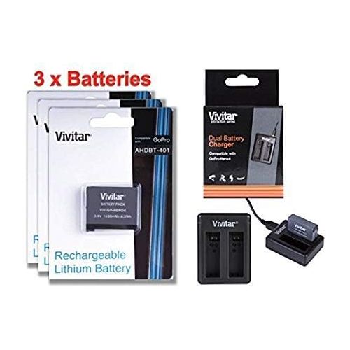  3 Pack of AHDBT-401 High Capacity 1650 mAh Li-ion Replacement Batteries for GoPro HD HERO4 (VIV-GB-HERO4) + Vivitar Dual Battery Charger (VIV-QC-8202)