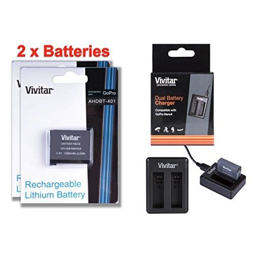  2 Pack of AHDBT-401 High Capacity 1650 mAh Li-ion Replacement Batteries for GoPro HD HERO4 (VIV-GB-HERO4) + Vivitar Dual Battery Charger (VIV-QC-8202)