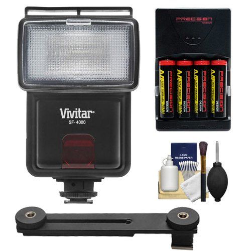  Vivitar SF-4000 Auto Bounce Zoom Slave Flash with Bracket + AA Batteries & Charger + Cleaning Kit for Sony Alpha A7, A7R, A3000, A5000, A6000, NEX-3N, 5T, 6, 7 Digital Cameras