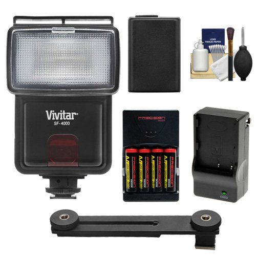  Vivitar SF-4000 Auto Bounce Zoom Slave Flash with Bracket + NP-FW50 Battery + Batteries & Charger + Cleaning Kit for Sony Alpha A7, A7R, A3000, A5000, A6000, NEX-3N, 5T, 6, 7 Digit