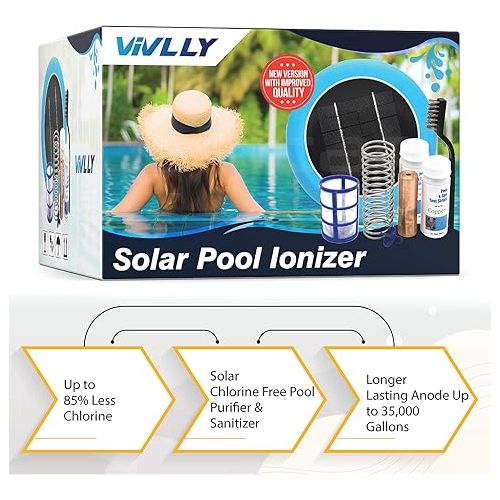  Solar Pool Ionizer, Cleaner, and Purifier Restores Clear, Chlorine-Free Water, Long Lasting Anode for 35,000 Gallons, Natural Shock for Swimming Areas, Smart Replacement