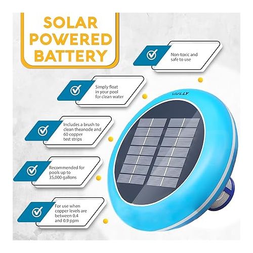  Solar Pool Ionizer, Cleaner, and Purifier Restores Clear, Chlorine-Free Water, Long Lasting Anode for 35,000 Gallons, Natural Shock for Swimming Areas, Smart Replacement