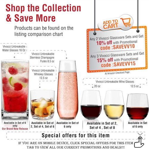  [아마존베스트]Vivocci Unbreakable Elegant Plastic Stemless Wine Glasses 20 oz | 100% Tritan Heavy Base | Shatterproof Glassware | Ideal For Cocktails & Scotch | Perfect For Homes & Bars | Dishwa