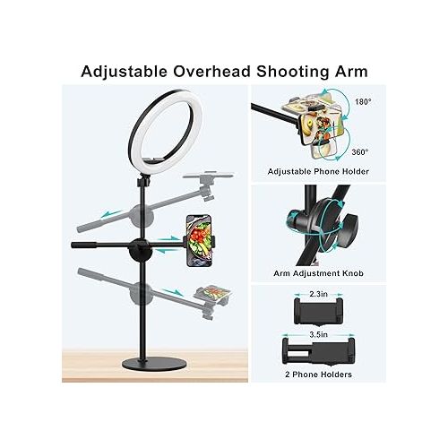  Overhead Phone Camera Mount with Ring Light for Video Recording, Cooking Filming. Content Creator Kit with 10.5