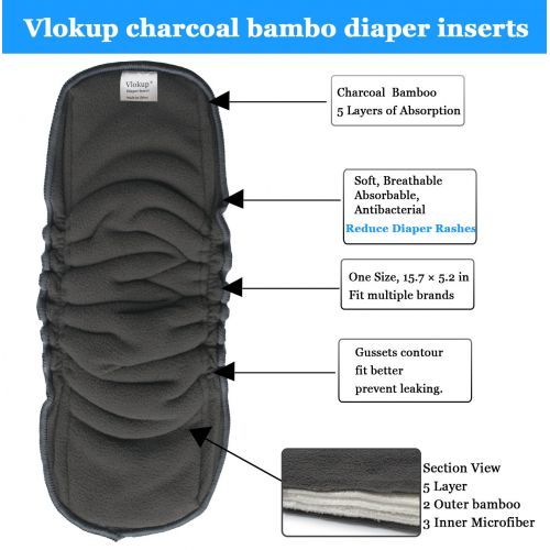  Vlokup Baby Cloth Diaper Inserts 5 Layer with Gussets for Newborn Toddler Kids, Nature Charcoal Bamboo Nappy Liner for Pocket Diaper, Reusable Washable Overnight Absorbent with Wet