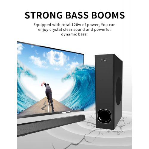  Vmai Sound Bar, TV Sound Bar with Subwoofer, 120W 2.1 Soundbar, Wired & Wireless Bluetooth 5.0 Speaker for TV, 34 Inch, HDMI/Optical/Aux/USB, Wall Mountable, Bass Adjustable Surround So