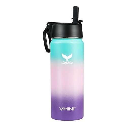  [아마존베스트]Vmini Water Bottle with Straw, Wide Rotating Handle Straw Lid, Wide Mouth Vacuum Insulated Stainless Steel Water Bottle, Gradient Mint+Pink+Purple, 18 oz