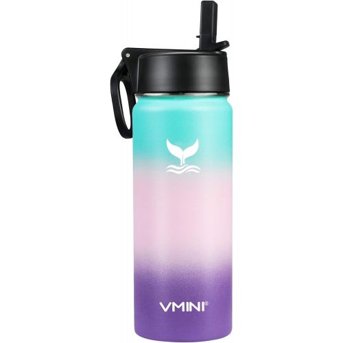  [아마존베스트]Vmini Water Bottle with Straw, Wide Rotating Handle Straw Lid, Wide Mouth Vacuum Insulated Stainless Steel Water Bottle, Gradient Mint+Pink+Purple, 18 oz