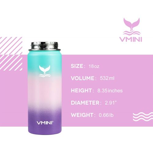  [아마존베스트]Vmini Water Bottle with Straw, Wide Rotating Handle Straw Lid, Wide Mouth Vacuum Insulated Stainless Steel Water Bottle, Gradient Mint+Pink+Purple, 18 oz